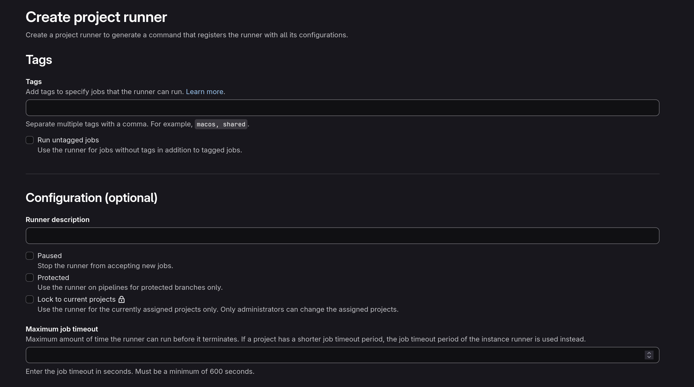 Runner config page on GitLab.com